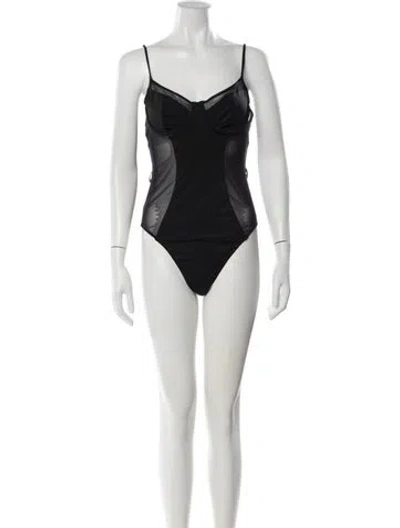 Pre-owned Solid & Striped Lace Trim Embellishment One-piece W/ Tags In Black