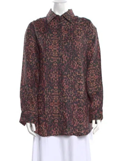 Pre-owned Solid & Striped Linen Animal Print Button-up Top In Black