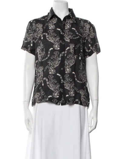 Pre-owned Solid & Striped Linen Animal Print Button-up Top In Black