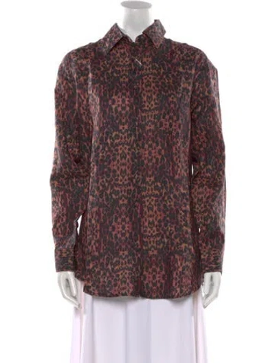 Pre-owned Solid & Striped Linen Animal Print Button-up Top In Brown