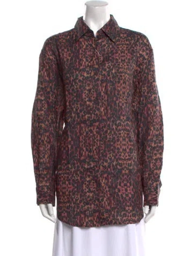 Pre-owned Solid & Striped Linen Animal Print Button-up Top W/ Tags In Brown