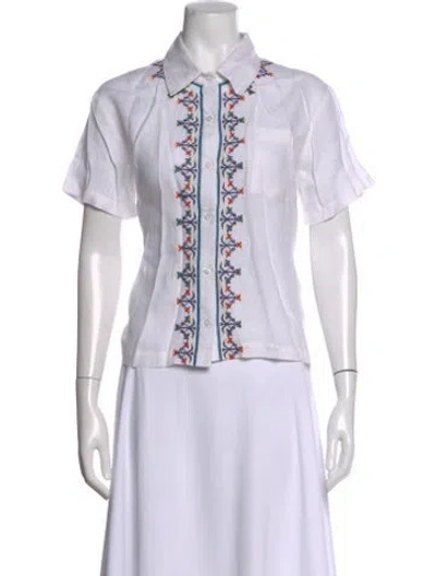 Pre-owned Solid & Striped Linen Floral Print Button-up Top In White