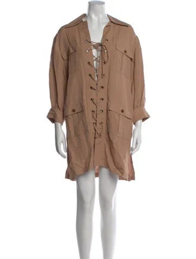 Pre-owned Solid & Striped Linen Mini Dress In Brown