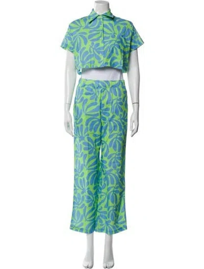 Pre-owned Solid & Striped Linen Printed Pant Set In Blue