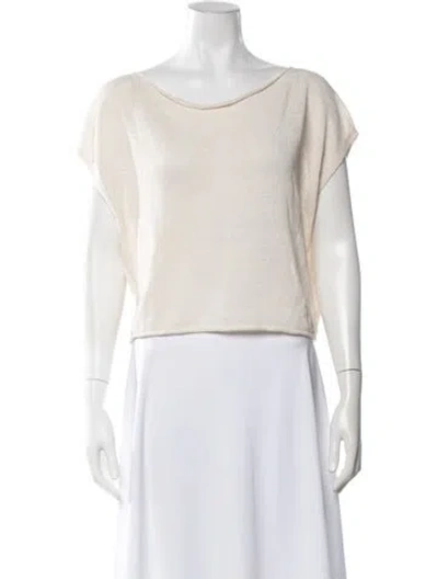 Pre-owned Solid & Striped Linen Scoop Neck Top In White