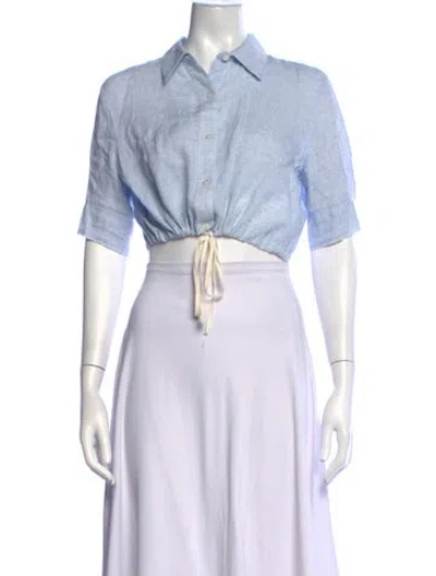 Pre-owned Solid & Striped Linen Short Sleeve Button-up Top In Blue