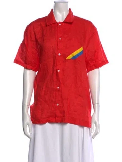 Pre-owned Solid & Striped Linen Short Sleeve Button-up Top In Orange/red