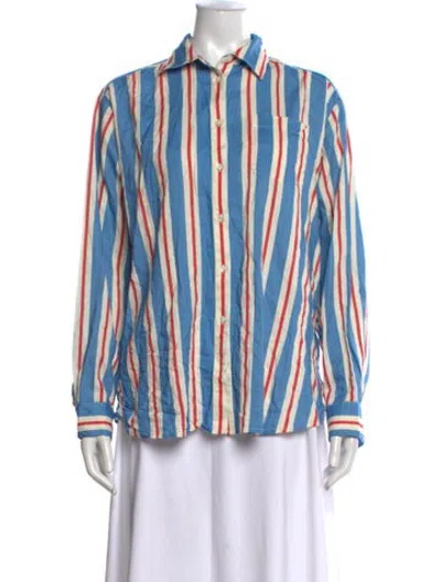 Pre-owned Solid & Striped Linen Striped Button-up Top In Blue