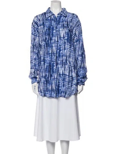 Pre-owned Solid & Striped Linen Tie-dye Print Button-up Top In Blue