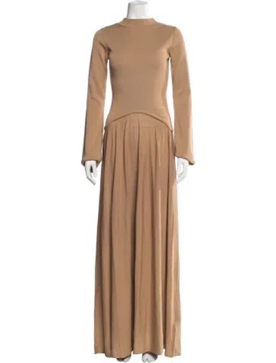 Pre-owned Solid & Striped Mock Neck Long Dress In Brown