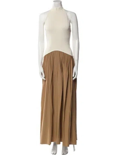 Pre-owned Solid & Striped Mock Neck Long Dress W/ Tags In Brown