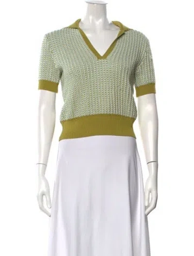 Pre-owned Solid & Striped Patterned V-neck Sweater In Green