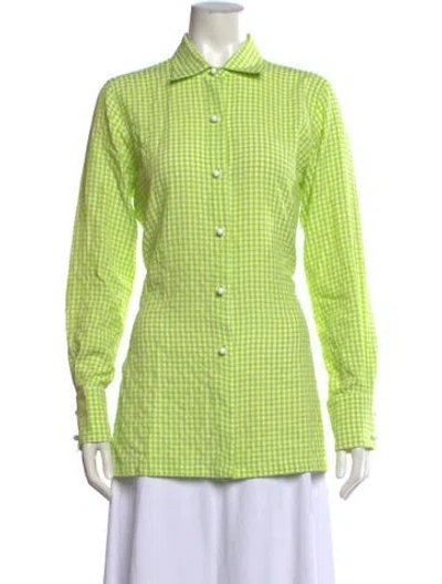 Pre-owned Solid & Striped Plaid Print Long Sleeve Button-up Top In Green