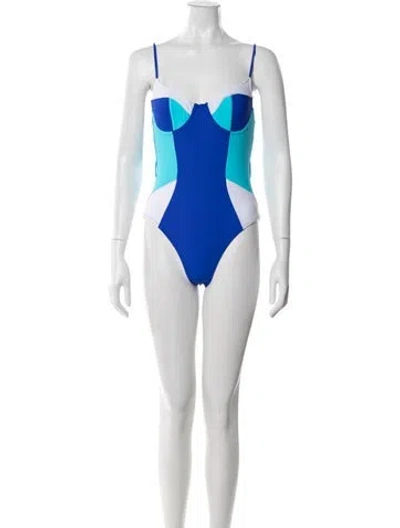 Pre-owned Solid & Striped Printed One-piece W/ Tags In Blue
