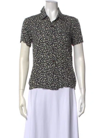 Pre-owned Solid & Striped Printed Short Sleeve Button-up Top In Green