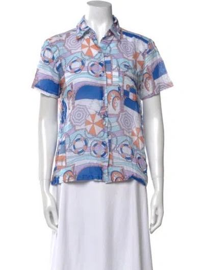 Pre-owned Solid & Striped Printed Short Sleeve Button-up Top In White