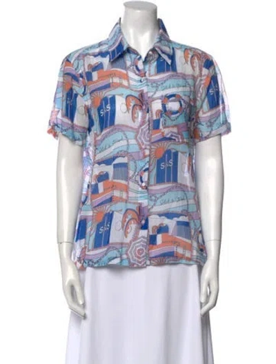 Pre-owned Solid & Striped Printed Short Sleeve Button-up Top In White