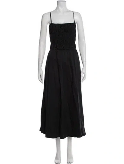 Pre-owned Solid & Striped Square Neckline Midi Length Dress In Black