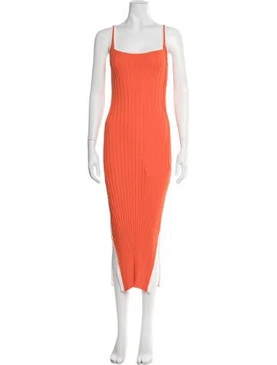 Pre-owned Solid & Striped Square Neckline Midi Length Dress In Orange