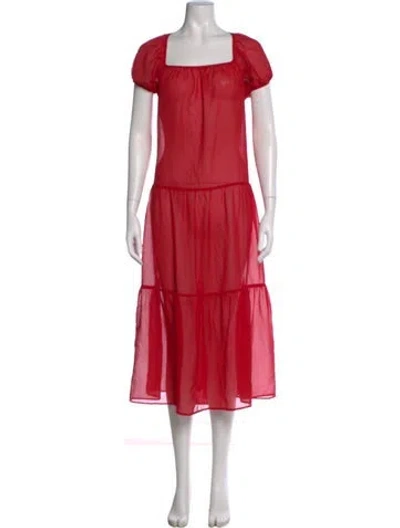 Pre-owned Solid & Striped Square Neckline Midi Length Dress In Red