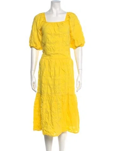 Pre-owned Solid & Striped Square Neckline Midi Length Dress In Yellow