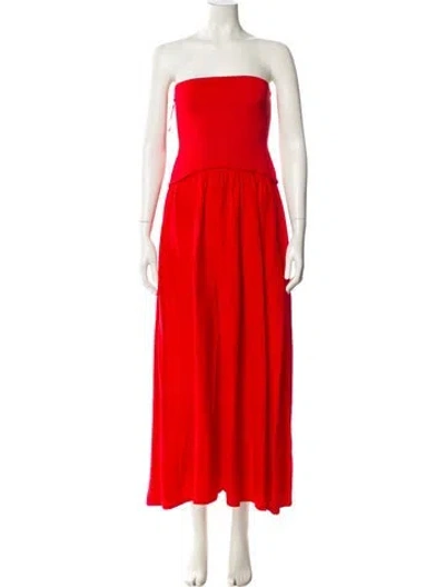Pre-owned Solid & Striped Strapless Midi Length Dress In Red