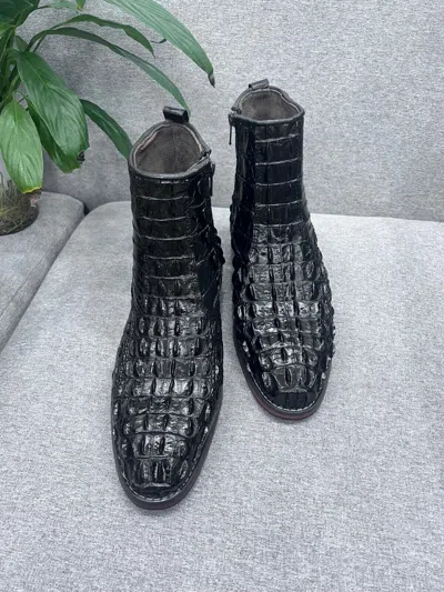 Pre-owned Solid Black Genuine Crocodile Alligator Leather Skin Boots Lv Boots For Men Size 9 Us