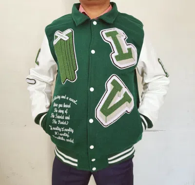 Pre-owned Solid Green & White Varsity Letterman Jacket