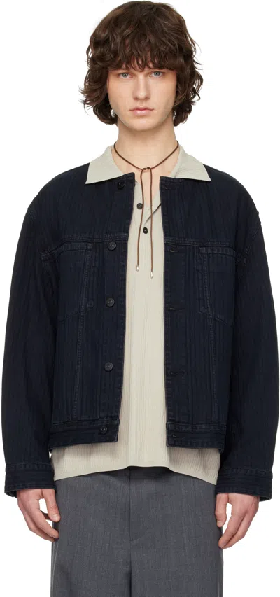 Solid Homme Black Collarless Denim Trucker Jacket In Blue