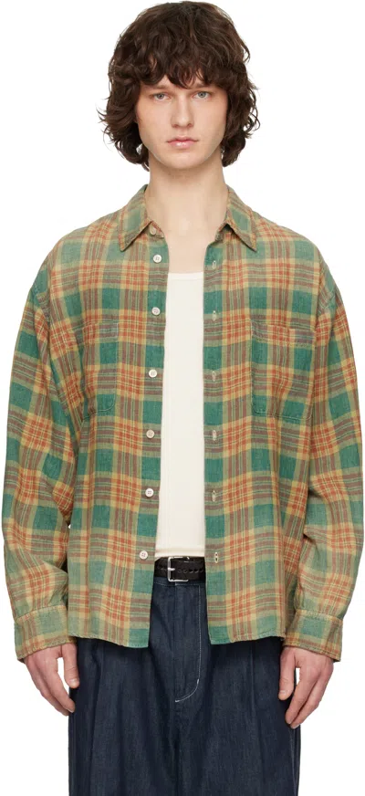 Solid Homme Blue & Yellow Bleached Linen Check Shirt In Green