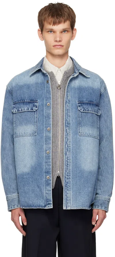 Solid Homme Blue Washed Back Logo Denim Shirt In 537l Blue