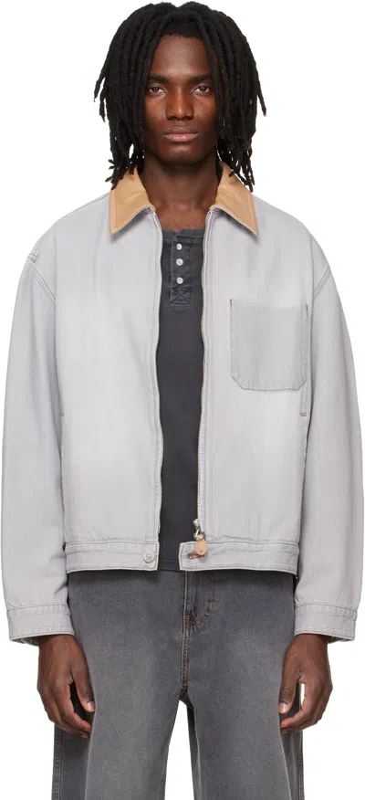 Solid Homme Gray Leather Collared Denim Trucker Jacket