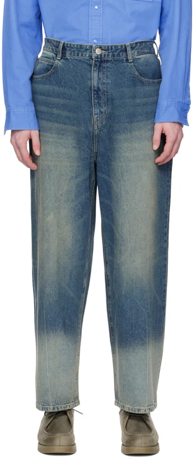 Solid Homme Indigo Rough Washed Wide Jeans In 820l Blue