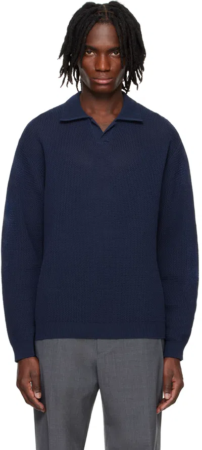 Solid Homme Navy Open-knit Polo In 513n