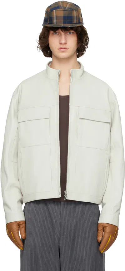Solid Homme Off-white High-neck Two-pocket Leather Jacket In Neutral