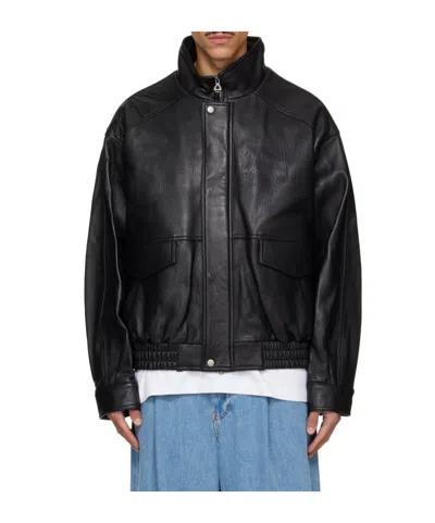 Solid Homme Stand-collar Leather Jacket In Black