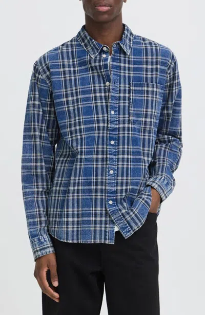 Solid ! Plaid Long Sleeve Button-up Shirt In Insignia Blue