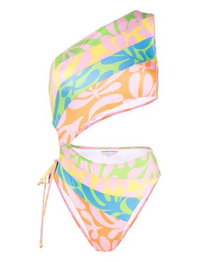 Solid & Striped Leaf-print Asymmetric Swimsuit In Multicolour