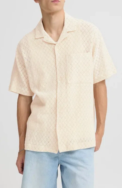Solid ! Teagan Diamond Pointelle Linen Blend Camp Shirt In Neutral