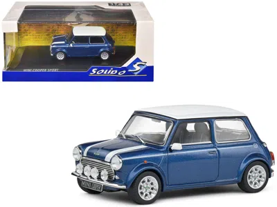 Solido 1994 Mini Cooper Sport Tahiti Blue Metallic With White Top And Stripes 1/43 Diecast Model Car By Sol