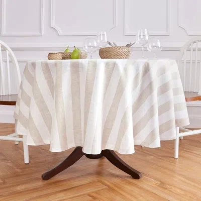 Solino Home Cabana Stripe - 100% Pure Linen Round Tablecloth In Natural And White