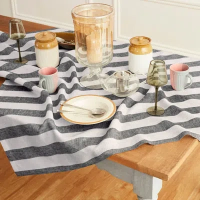 Solino Home Cabana Stripe - 100% Pure Linen Table Throw In Black,white