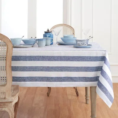 Solino Home Cabana Stripe - 100% Pure Linen Tablecloth In Navy,white