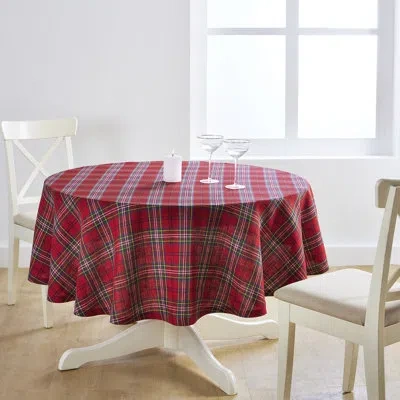 Solino Home Classic Tartan Plaid - 100% Pure Linen Round Tablecloth In Red