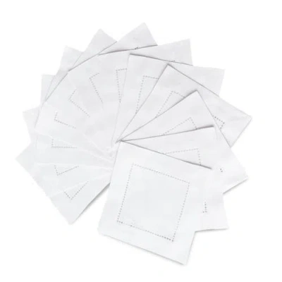 Solino Home Cotton Linen Hemstitch Cocktail Napkins Set Of 12, 6 X 6 Inch For Dining Table, Holiday  In White