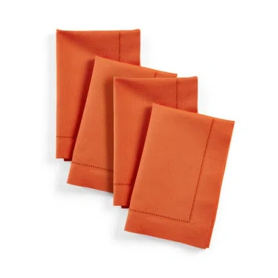 Solino Home Cotton Linen Hemstitch Dinner Napkins Set Of 4, 20 X 20 Inch For Dining Table, Holiday A In Orange