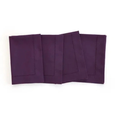 Solino Home Cotton Linen Hemstitch Dinner Napkins Set Of 4, 20 X 20 Inch For Dining Table, Holiday A In Purple