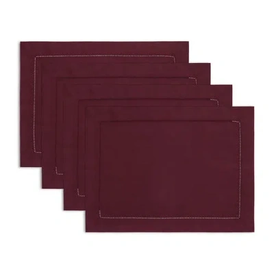 Solino Home Cotton Linen Hemstitch Placemats Set Of 6, 14 X 19 Inch For Dining Table, Holiday And Ev In Burgundy