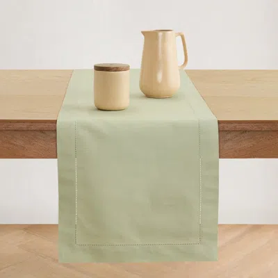 Solino Home Cotton Linen Hemstitch Table Runner For Dining Table, Holiday And Everyday Table Decor In Green