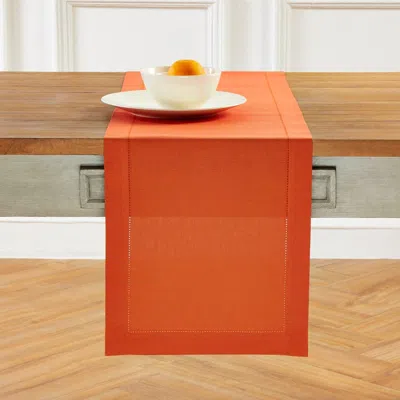 Solino Home Cotton Linen Hemstitch Table Runner For Dining Table, Holiday And Everyday Table Decor In Orange
